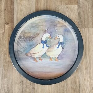 Vintage JSNY Round Metal Tray Pair‎ of Geese with Blue Bows Made in Hong Kong